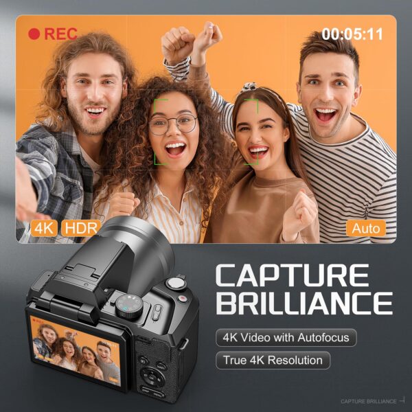 64MP Professional Digital Camera for Photography Autofocus, 5K Vlogging Camera for YouTube,16X Anti-Shake Compact Travel Camera with WiFi & App Control, Flash,SD Card, 2 Batteries (Black) - Image 3