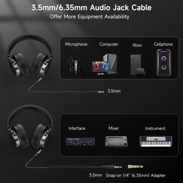 Rumoon Wired Over Ear Headphones, Studio Monitor & Mixing DJ Headphones with 50mm Neodymium Drivers and 1/4 to 3.5mm Jack for Guitar AMP Podcast Piano Keyboard (Black) - Image 3