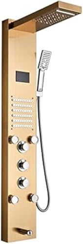 LED Bath Shower Panel Golden Waterfall Rain Shower Column Faucet Digital Temperature Screen Shower suit Mixer Tub Spout(B)