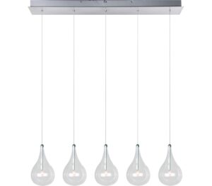 ET2 E23115-18 Larmes Modern Blown Glass Oversized Teardrops Linear Pendant Ceiling Lighting, 5-Light Xenon 100 Watts, 8"H x 5"W x 30"L, Polished Chrome