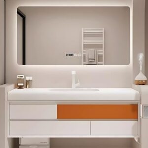 TIZAZO 58IN Floating Single Sink Bathroom Vanity - Bathroom Sink Cabinet has One Click Defogging Function and Surround LED Lights | White Countertop, Gold Door Frame & Glass Door (Mirror)