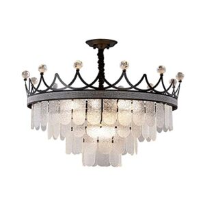 E27 Adjustable Semi Flush Mount Ceiling Light for Living Room Dining Bedroom Villa Bar Clothing Store, Luxurious Glass Round Crown Crystal Chandelier-