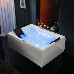 Weibath Whirlpool Bathtub 2 Person Jetted Bathtub 71" Massage Whirlpool Tub with 18 Water Jets+20 Air Jets,3 Sided Apron White Chromatherapy LED Jet Tub