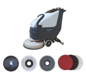 Battery Powered Walk Behind Floor and Carpet Scrubber Buffer Polisher, 19" Brush, 30" Squeegee Width, 13.5 gal Tank, Dual Brushes (Hard & Soft) and 3 Scouring Pads, 220 RPM