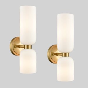 DEYNITE Gold Wall Sconces Set of Two 2-Light Modern Wall Light 3.93"(W)*15.4"(H) Bathroom Vanity Light Milky White Glass