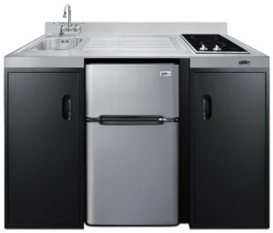 Summit 54" Wide All-In-One Kitchenette, 2-door refrigerator-freezer, 2-Burner Cooktop, Sink, and Storage, Black and Stainless- CK55ADASINKR (SINKR)