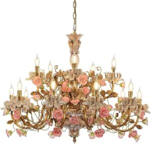 JIAOYINUO French Chandelier Pastoral Color Flower Luxury Art Hanging Lighting Copper Candle Head European Ceramic Creative Pendant Light Living Room Light Fittings Lamp Fixture(35.4in)(39.4in)