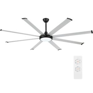 WINGBO 96 Inch Industrial Ceiling Fan with Light and Remote, 8 Aluminum Blades Large Ceiling Fan, 3CCT, 6-Speed Reversible Noiseless DC Motor for Kitchen Bedroom Living Room, Black and Nickel