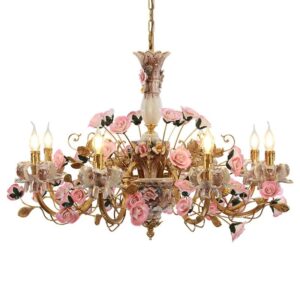 CGTENBS French Chandelier Pastoral Color Flower Luxury Art Hanging Lighting Copper Candle Head European Ceramic Creative Pendant Light Living Room Light Fittings Lamp Fixture for Villa Bedroom(15-ligh