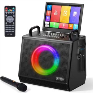 EYTSE Karaoke Machine with Screen for Adults, 14.1" Rotatable Touch Display & 650W HD Sound, 2 Wireless Mics,Disco Lights, Wireless/WiFi/HDMI, Portable PA System for Home TV Party & Outdoor