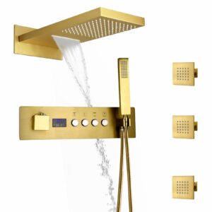 DisixinDi Smart Brushed Gold Shower System With Wall Mounted Waterfall Rain Shower Head And Multi Body Spray Jets, Can Use All Functions At a Time