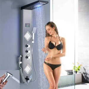 LED Rain Waterfall Bathroom Shower Panel Column With Hydroelectric Digital display and Bidet 6-function Shower Mixers
