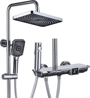 CUTPOIY Thermostatic Shower Set, Piano Key Design Shower Faucet Set, Square Shower System with Bathtub Faucet, LED Digital Display, Hydroelectric Power, Booster Spray Gun