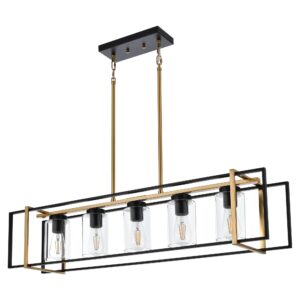 MELUCEE Large Pendant Lights Kitchen Island 5 Lights Dining Room Light Fixture Farmhouse Rectangular Chandelier Black and Brass Finish with Clear Glass Shade, Adjustable Height