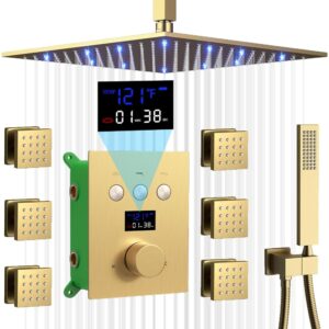 Brushed Gold Shower System AYIVG Temperature Display Thermostatic Shower System Ceiling Mount 12 Inch LED Rain Shower Head System with 6 Body Jets and Handheld Bathroom Shower Faucet Set