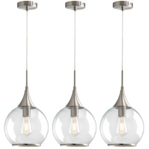 HAHZT Pendant Lights Kitchen Island: 3 Pack Brushed Nickel Light Fixture Modern with Clear Glass - 10 Inch Mid Century Globe Kitchen Lighting Fixtures Ceiling for Bar