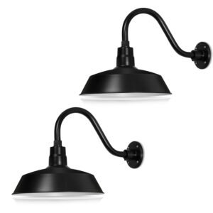 14in. Satin Black Outdoor Gooseneck Barn Light Fixture With 14.5 in. Long Extension Arm - Wall Sconce Farmhouse, Antique Style - UL Listed - 9W 900lm A19 LED Bulb (5000K Cool White) - 2-Pack