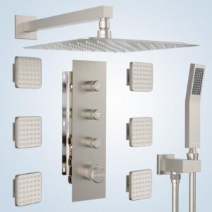 Bostingner Shower Jets System, 12 Inch Thermostatic Rainfall Shower System with 6 Body Spray Jets (Can All Run Together) Full Body Spray Shower System, Shower Valve Included, Brushed Nicke