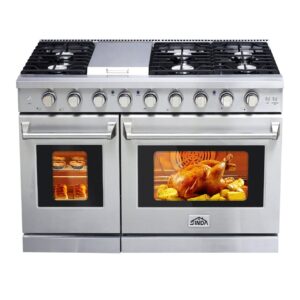 Sinda 48" Gas Range Freestanding Range with 7.0 cu.ft Convection Oven 6 Burners Cast Iron Grates Convections Two Porcelain Oven Racks Natural Gas/LP Convertible
