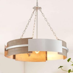 Avzkcy Rustic Drum Chandelier, 26-Inch Ceiling Light Fixture Height AjustablePendant Lighting 5-Light Round Lamp for Dining Room Kitchen Island Living Room Office, Nickel and Oak-Like Finish