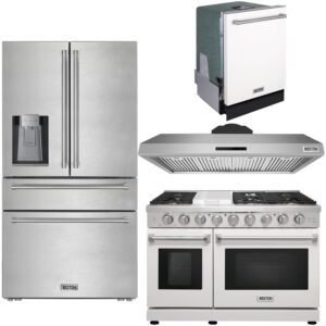 KOSTCH 4 Set - 48" Natural or Liquid Propane Gas Range, 48" Wall-Mounted Range Hoods, 36" 21.6 cu. ft. French Door Refrigerator/Fridge & 24" Top Control Built-In Dishwasher (White)