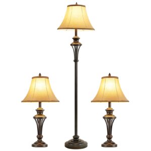 Smeike 3 Pack Lamp Set (2 Table Lamps, 1 Floor Lamp), 3-Piece Vintage Style Table and Floor Lamp Set in Bronze Finish with Brown Fabric Lamp Shades, 26" and 61"(H), Solid Iron