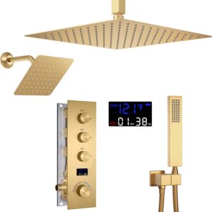 AYIVG Dual Rainfall Shower Head System Thermostatic Shower System Brushed Gold Temperature Display Shower System Ceiling Mounted 3 Function 12 inch and 8 inch Shower Head with Handheld Spray