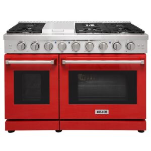 KOSTCH 48 inch Pro-Style Natural Gas Range or Liquid Propane Gas Range with 6 Burners & 1 Griddle Cooktop, Double 4.6 cu. ft. and 2.2 cu. ft. Oven, in Stainless Steel - KOS-48RG03M (Red)