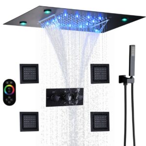 DULABRAHE Waterfall And Rain Shower System Faucet Set 14 X 20 Inch LED Ceiling Rainfall Matte Black Shower Head With Handheld Spray Combo Shower Body Jets For Bathroom