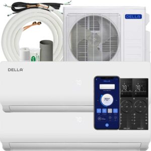 DELLA 18K BTU ODU 2 Dual Zone 9000 9000 BTU Wifi Mini Split Air Conditioner Work with Alexa, 19 SEER2 208-230V Cools Up to 800 Sq.Ft Multi Zone Ductless Pre-Charged Heat Pump, 16ft Installation Kits