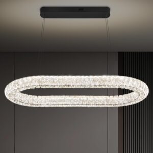Oval Crystal Chandelier, 40'' Black Crystal Ring Pendant Light for Kitchen Island Modern Linear Oval Chandeliers for Dining Room Dimmable 3000K-6000K