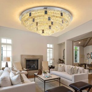 IDEQUY W40'' Crystal Flush Mount Chandelier 5-Tier Round Chrome Crystal Ring Ceiling Chandelier for Living Room Dimmable Lighting