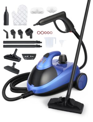 Aspiron Steam Cleaner, Multipurpose Heavy Duty Canister Steamer, Built-In Storage, Handheld Steam Mop for Home Car Upholstery Bed Furniture Carpet Bathroom Tile Grout Floor Cleaning, Blue