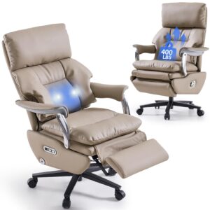 EMIAH Ergonomic Office Chair with Foot Rest Electric Executive Office Chair Reclining with Massage Big and Tall High Back Computer Chair with Wheels, Sustainable Leather (Light Khaki)