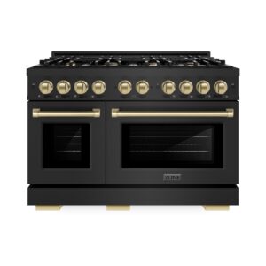 ZLINE Autograph Edition 48 in. 6.7 cu. ft. Select Double Oven Dual Fuel Range with 8 Burner Gas Cooktop in Black Stainless Steel and Champagne Bronze Accents (HDRBZ-48-CB)