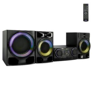 Pyle Mini Hi-Fi Bluetooth Stereo System – 4-Piece CD Player with Speakers, MP3, FM Radio, USB Recording, Subwoofer, DSP-Tech, Equalizer Settings, Compact Home Stereo System with Remote Control (Black)
