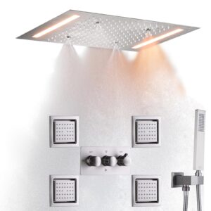 DULABRAHE Luxury Rainfall Shower System Set Ceil Mounted 14 X 20 Inch Rectangular Mist Rain Shower Head Faucet With LED Control Spa Bath Shower Body Combo Jets Brushed Nickel