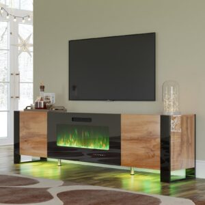VanAcc 80" Fireplace TV Stand with 40" Electric Fireplace, High Gloss Entertainment Center with LED Lights, Modern Entertainment Stand for TVs up to 90", Rustic Oak&Black