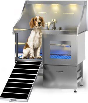 POLIMO Dog Washing Station, LED Professional Stainless Steel Dog Bathing Station, Dog Bathtub for Large, Medium & Small Dog, Dog Bathtub with Window, Ramp, Drawer, Floor Grate & Fauct （Left RAMP, 38"）