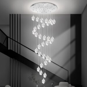 IDEQUY Spiral Staircase Crystal Chandeliers 150 inch Long High Ceiling Chandelier Entrance Foyer Flush Mount Slopped Inclined Ceiling LED Dimmable 3000-6000K 32-Lights Silver
