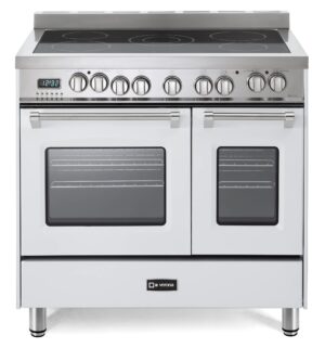 Verona Prestige Series VPFSEE365DW 36 Inch All Electric Freestanding Range Double Oven Convection, 5 Burners Dual Center Element Chrome Knobs and Handle True White