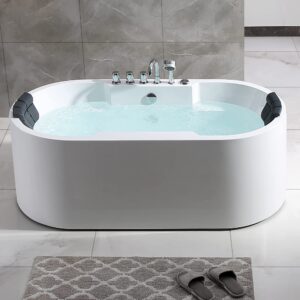 Empava 67 in. Acrylic Freestanding Tub Hydromassage Gracefully Oval Shaped Whirlpool 8 Water Jets Soaking SPA, Double-Ended Massage Bathtub with Two Pillows