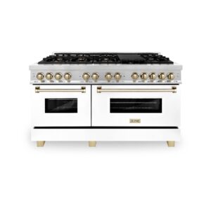 ZLINE Autograph 60" Legacy Dual Fuel Range w/ 9 Burners & White & Gold Accents (RAZ-WM-60-G)