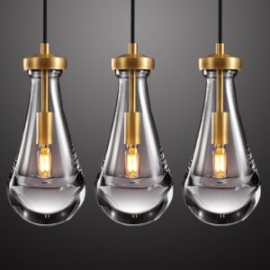 Joyunleo Raindrop Pendant Lights Set of 3, Pendant Lights Kitchen Island 3 Pack, Teardrop Glass Pendant Lights for Bedroom Bathroom, Island Lights, Chandelier for Living Room Hallway, Bulb Included