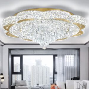 IDEQUY Modern Empire Crystal Chandelier Gold 32inches Crystal Raindrop Ceiling Light for Living Room Bedroom LED Infinity Dimmable 3000-6000K