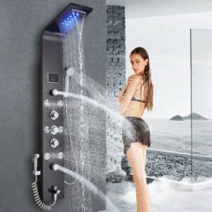 Stainless Steel Shower Panel Tower System,LED Rainfall Waterfall Shower Head 6-Function Faucet Rain Massage System with Body Jets