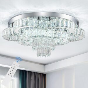 HongnuoFc 21 Inch Crystal Chandeliers with Remote Control LED Chandelier Modern Mount Flush Mount Chandelier Ceiling Light Fixtures for Bedroom Living Room Dining Room(Dimmable)