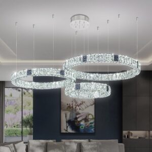 IDEQUY 3 Rings Crystal Chandelier Hanging Pendant Lighting LED Dimmable 3000K-6000K D16+D24+D32