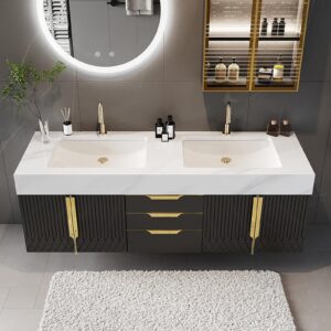 Weibath 59" Black Double Sink Wall Mounted Bathroom Vanity with Drawers & Doors Faux Marble Top