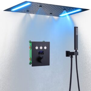 14 X 20 Inch LED Rain Ceiling Shower Head with Hand Sprays Thermostatic Rainfall Shower System Set Digital Display Matte Black
